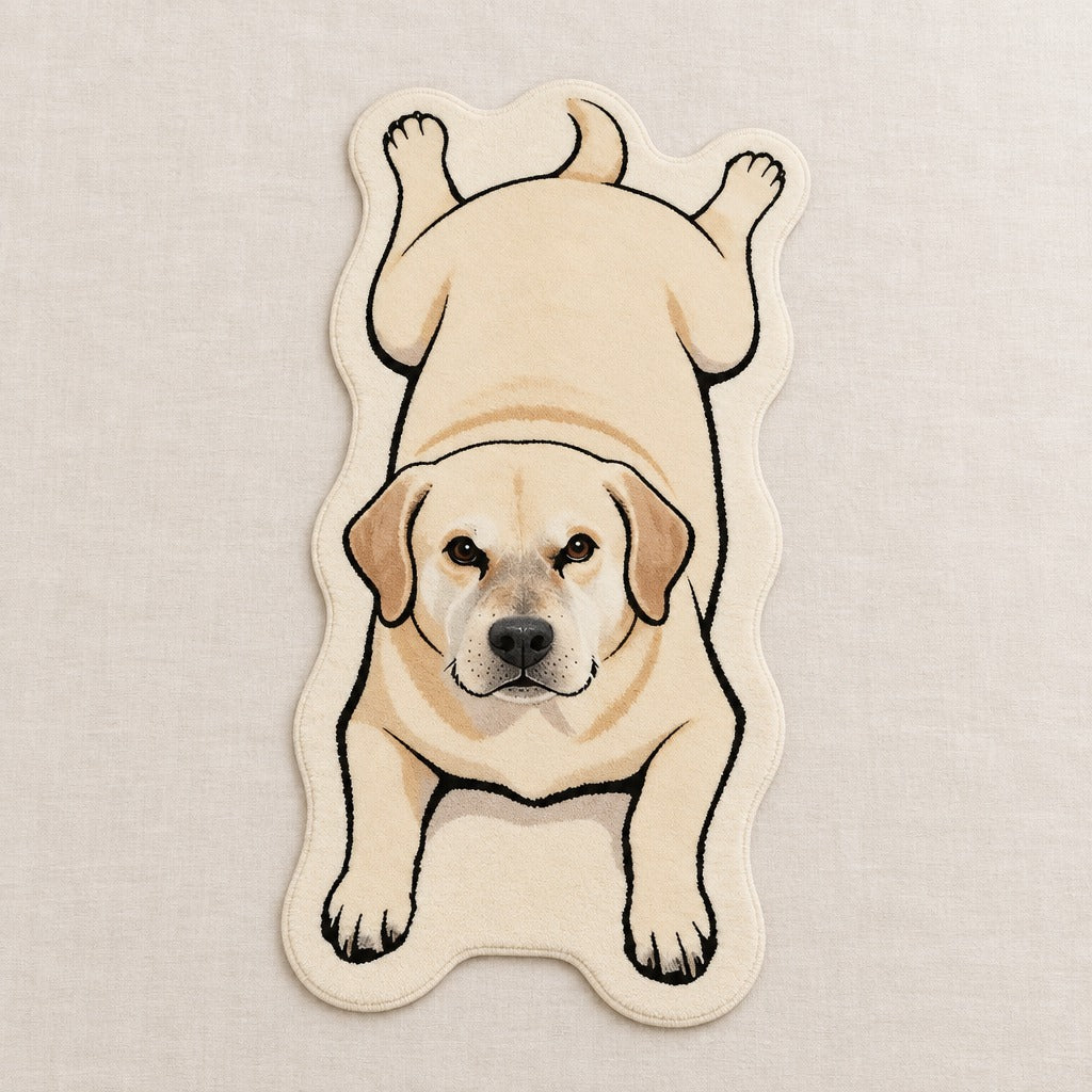 Tapis Labrador crème vu de dessus en entier, silhouette de labrador découpée sur fond de lin clair.