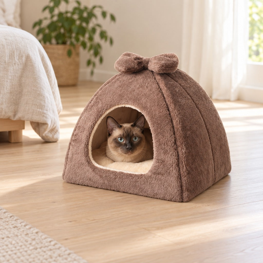 Un chat tonkinois brun ne laisse dépasser que sa tête par l'arche du dôme en peluche brun cacao, posé sur le parquet d'une chambre.