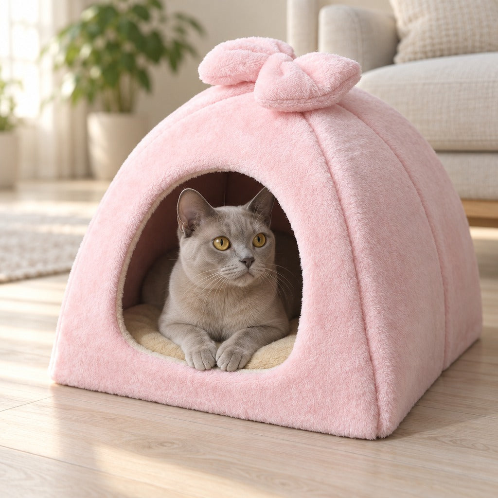 Un chat burmese gris platine en position du sphinx dans le dôme en peluche rose poudré, dans un salon lumineux.