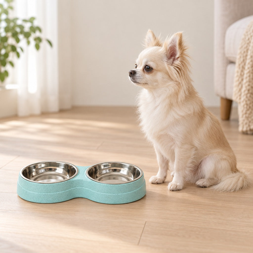 Chihuahua à poil long assis de profil à côté de la double gamelle bleu lagon posée sur un parquet clair.