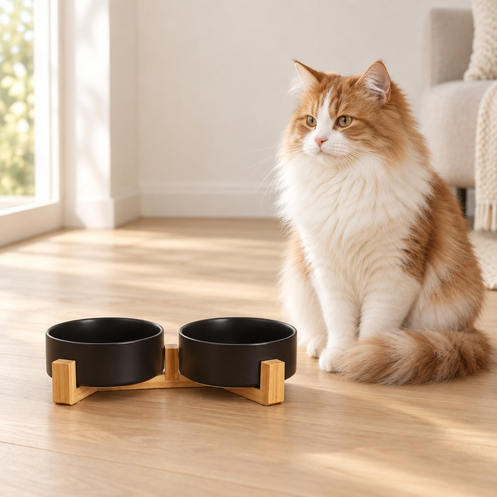 Chat roux et blanc au poil long assis près du duo de bols noirs posé dans son socle de bois clair, sur un parquet clair.