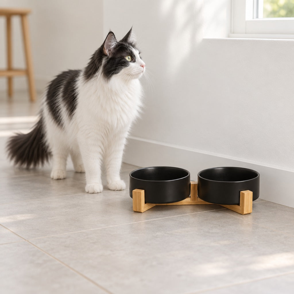 Chat noir et blanc debout dans un coin de cuisine clair, à côté du duo de bols noirs sur son socle de bois clair.