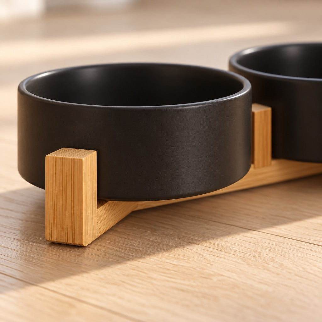 Gros plan sur la céramique noire mate d'un bol et sur le berceau triangulaire de bois clair qui le porte.
