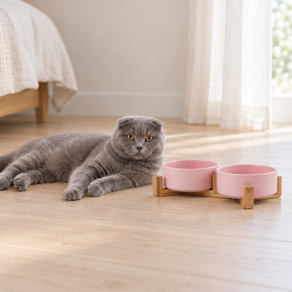 Chat gris couché sur le parquet d'une chambre claire, près du duo de bols rose poudré sur son socle de bois clair.