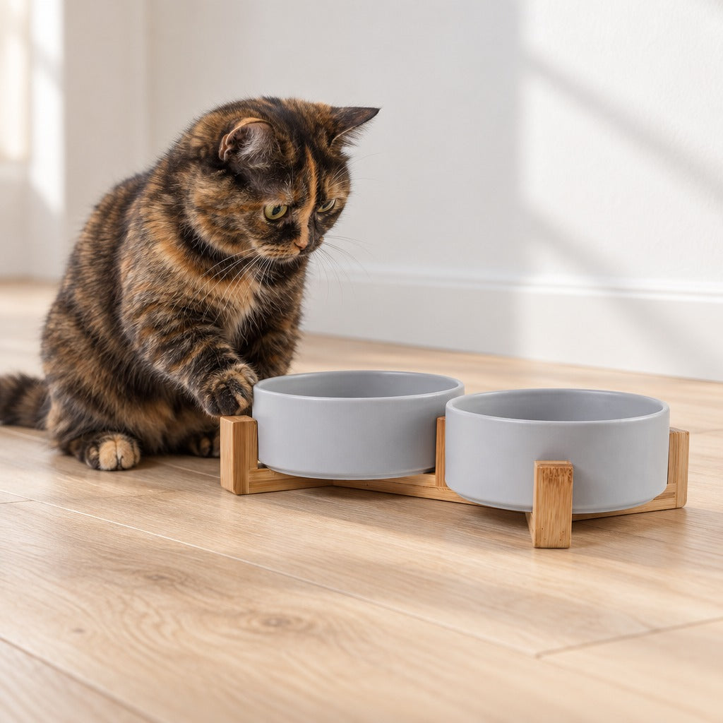 Chatte écaille de tortue assise, une patte avant posée sur le socle de bois clair du duo de bols gris clair.