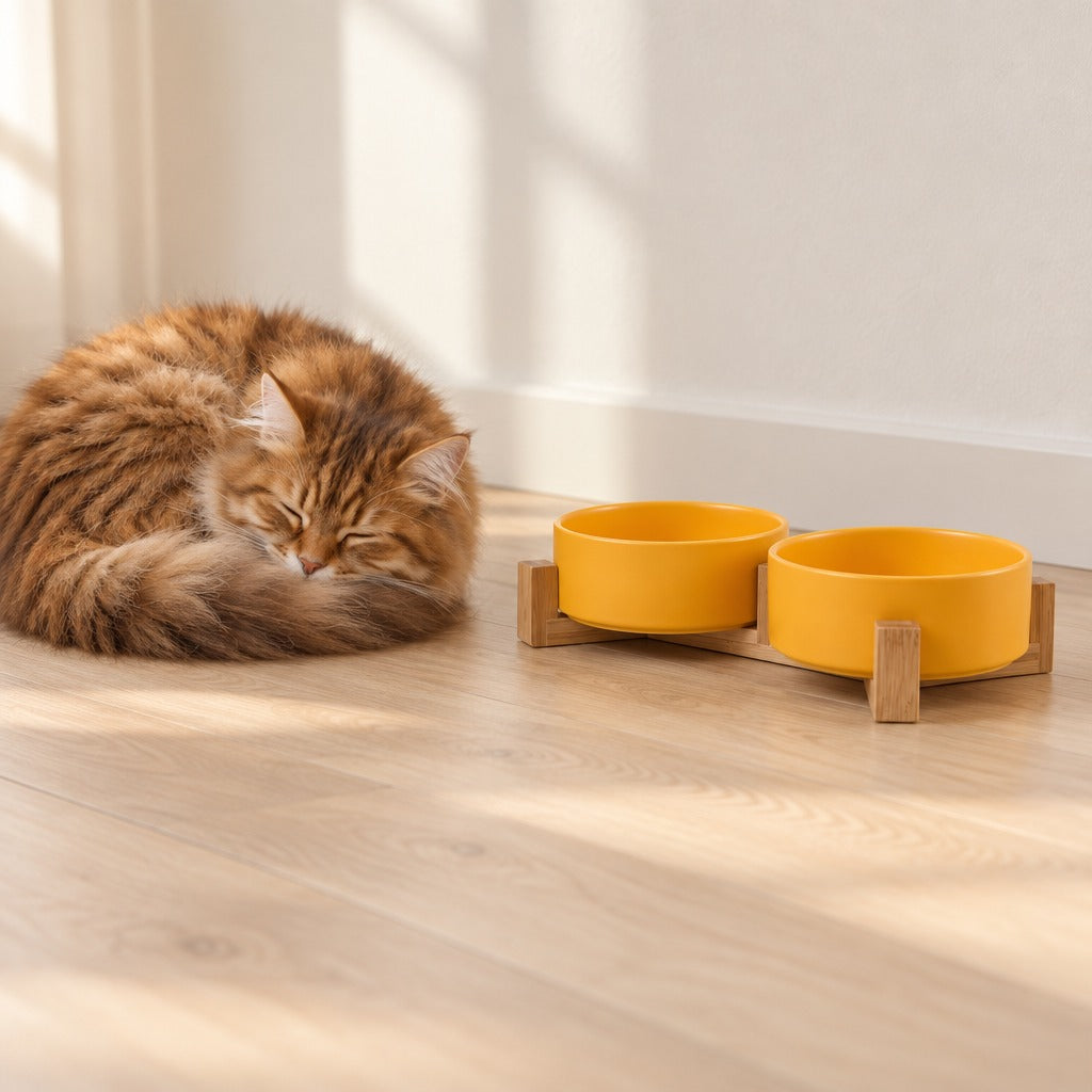 Chat roux tigré roulé en boule sur un parquet clair, à côté du duo de bols jaune ambré sur son socle de bois clair.