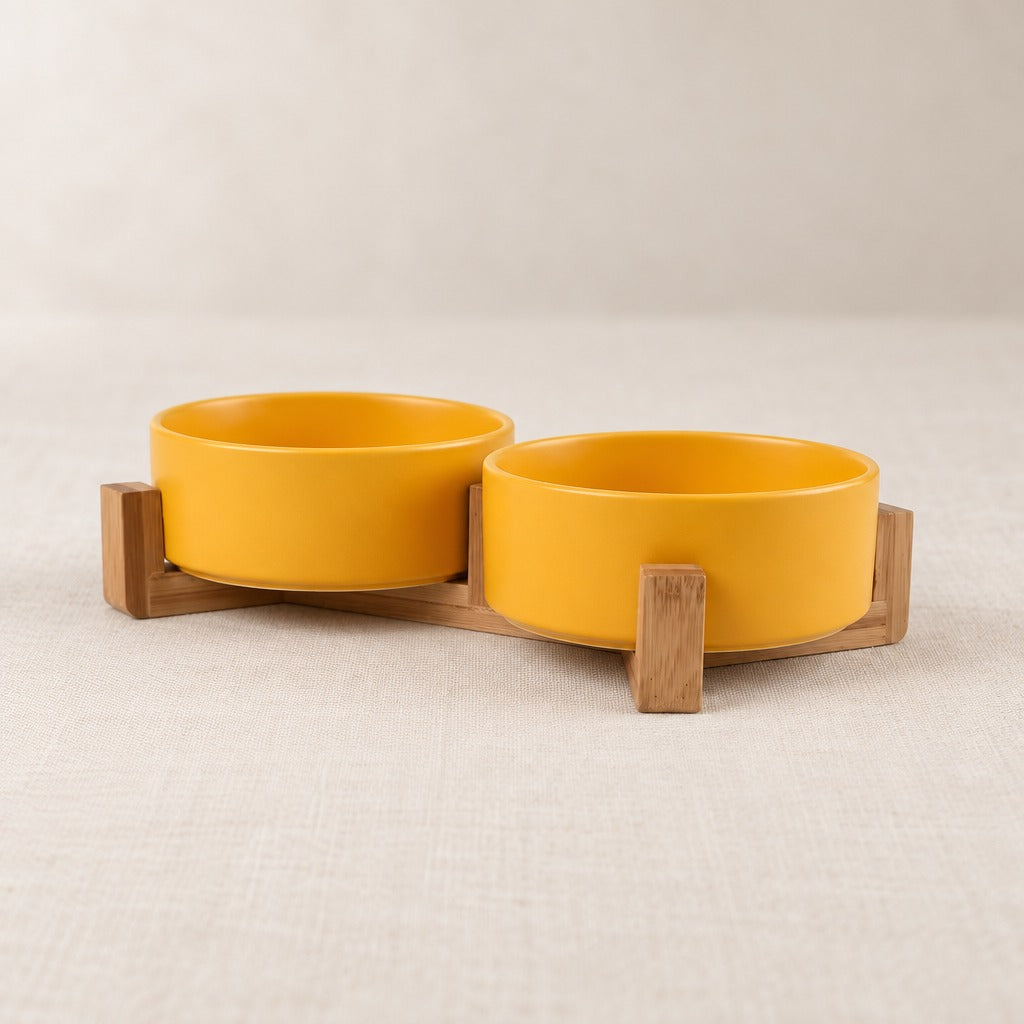 Duo de bols jaune ambré dans son socle de bois clair, seul sur un fond clair, vu de trois quarts.