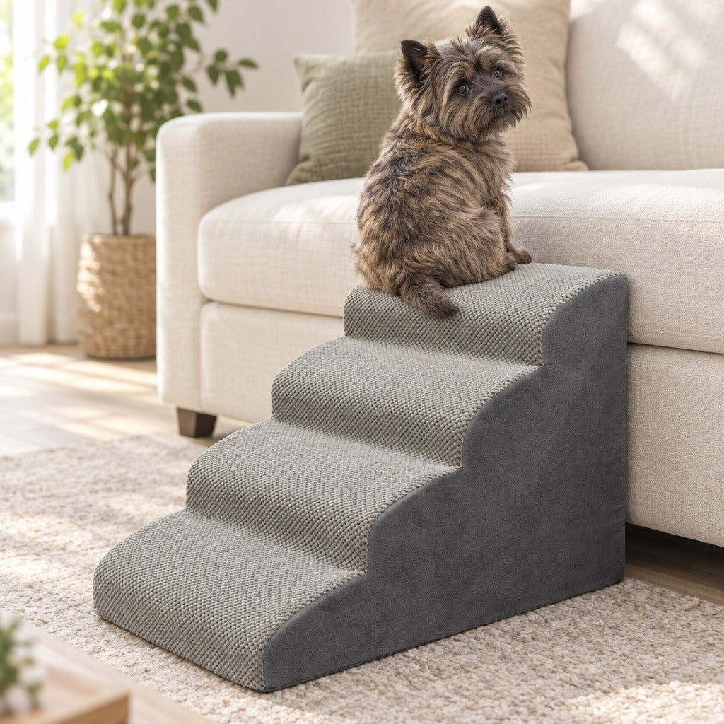 Cairn terrier bringé assis sur la marche haute de l'escalier gris clair à 4 marches, adossé à un canapé clair dans un salon lumineux.