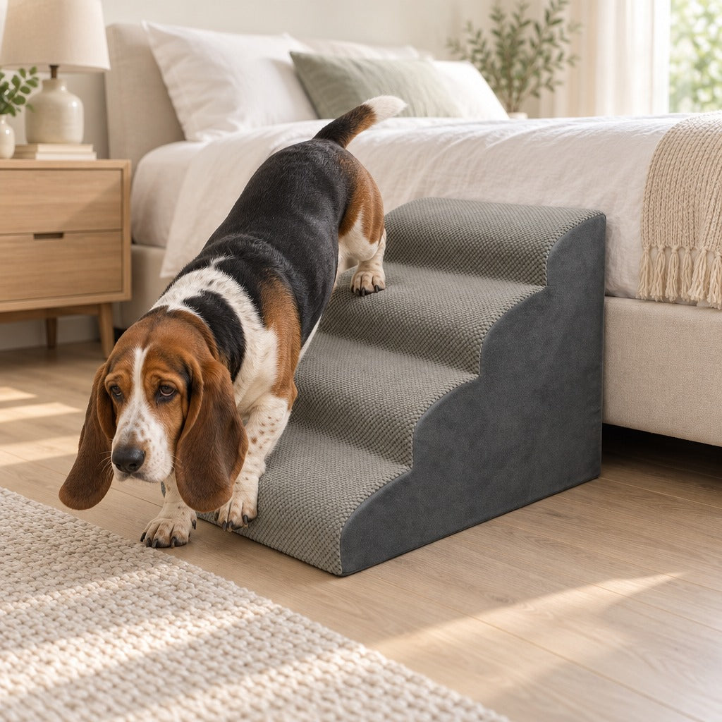 Basset hound tricolore qui descend l'escalier gris clair à 4 marches posé contre un lit, les pattes avant déjà au sol.