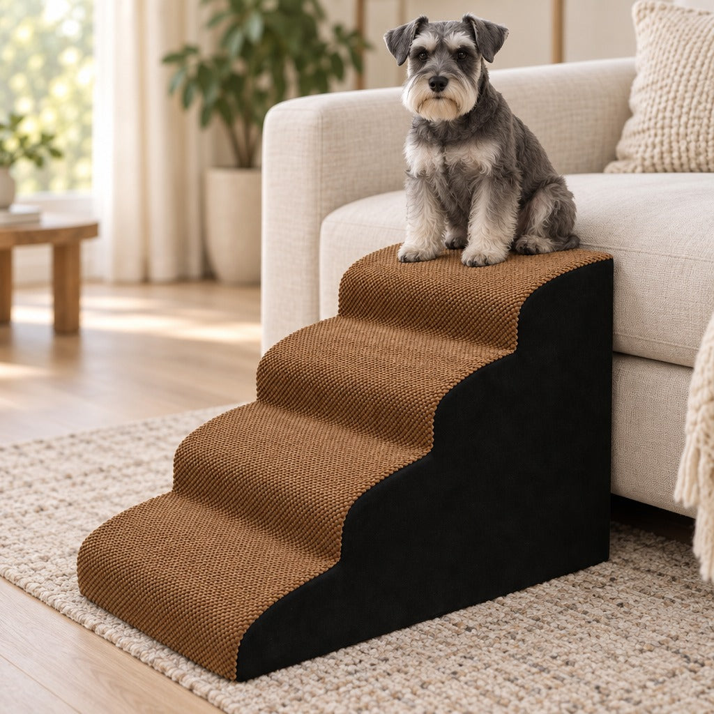 Schnauzer nain gris assis sur la marche haute de l'escalier camel et noir à 4 marches, contre un fauteuil clair.