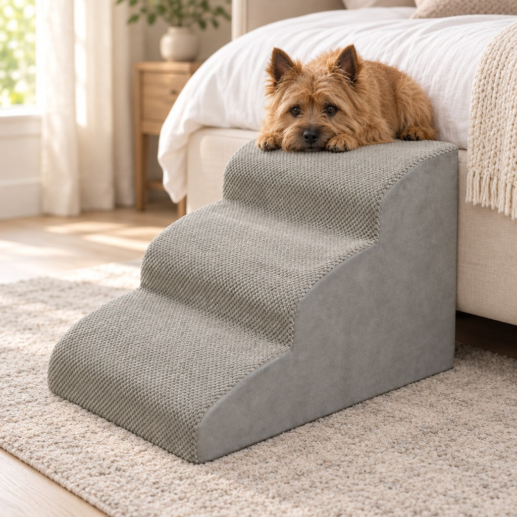 Cairn terrier roux couché, le menton posé sur les pattes, sur la marche haute de l'escalier gris clair à 3 marches placé contre un lit.