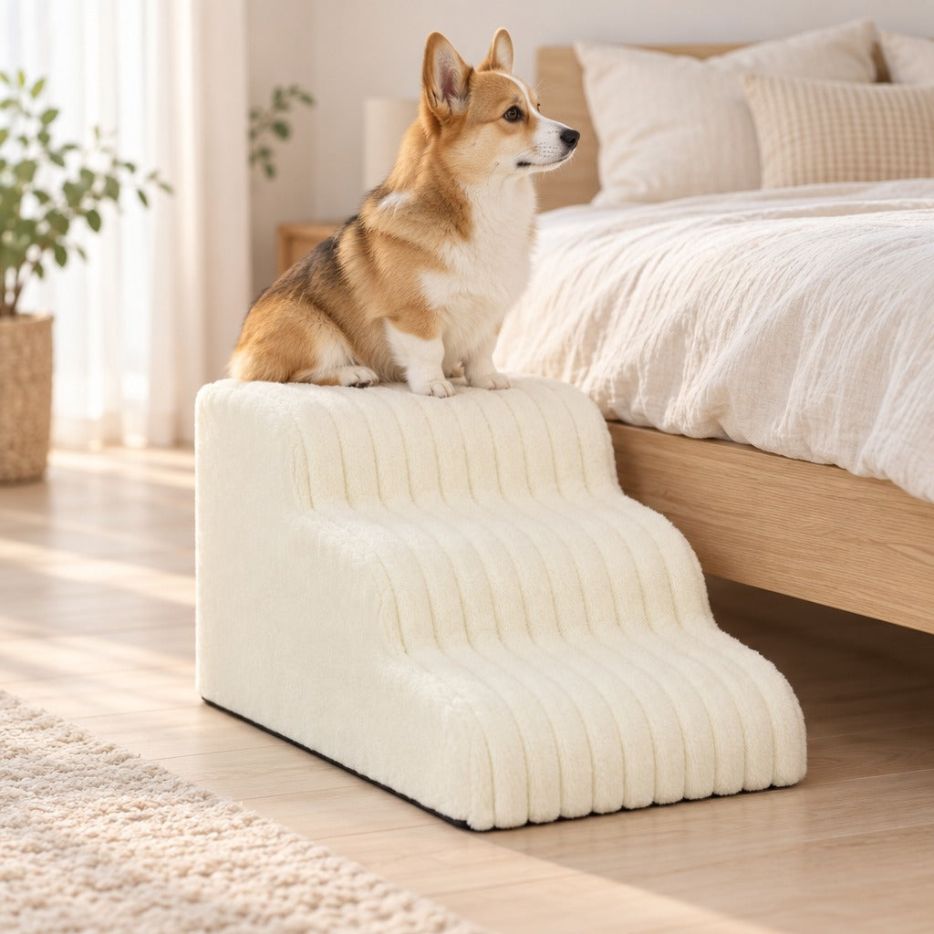 Un corgi sable assis sur la marche du haut de l'escalier en mousse blanc crème installé contre un lit en bois clair.