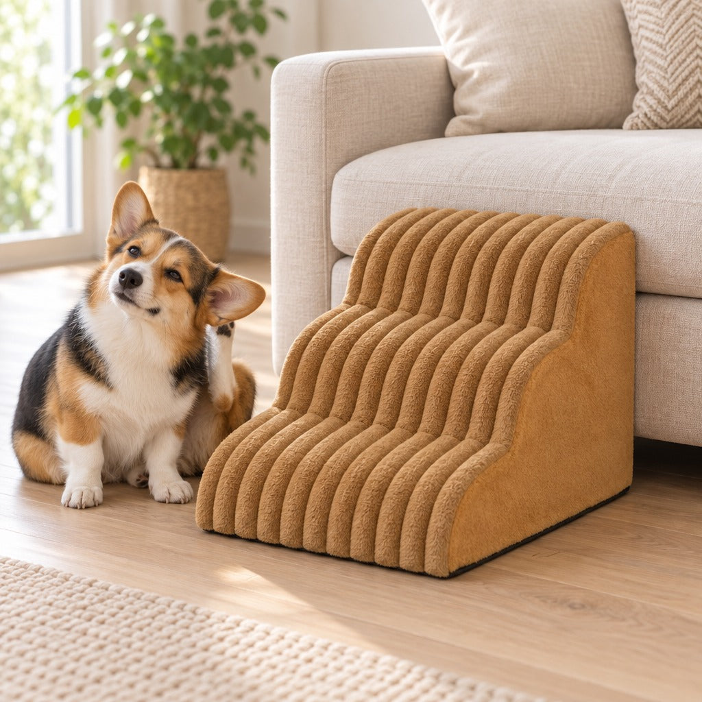 Un corgi tricolore assis se gratte l'oreille à côté de l'escalier caramel posé contre un canapé en lin clair.