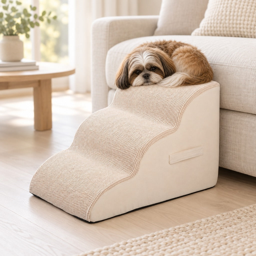 Shih Tzu sable couché en boule sur la marche haute de l'escalier beige crème, devant un canapé clair.