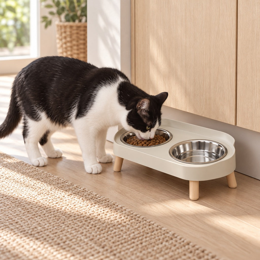 Chat noir et blanc debout qui mange dans la gamelle double surélevée crème installée au pied d'un meuble de cuisine.
