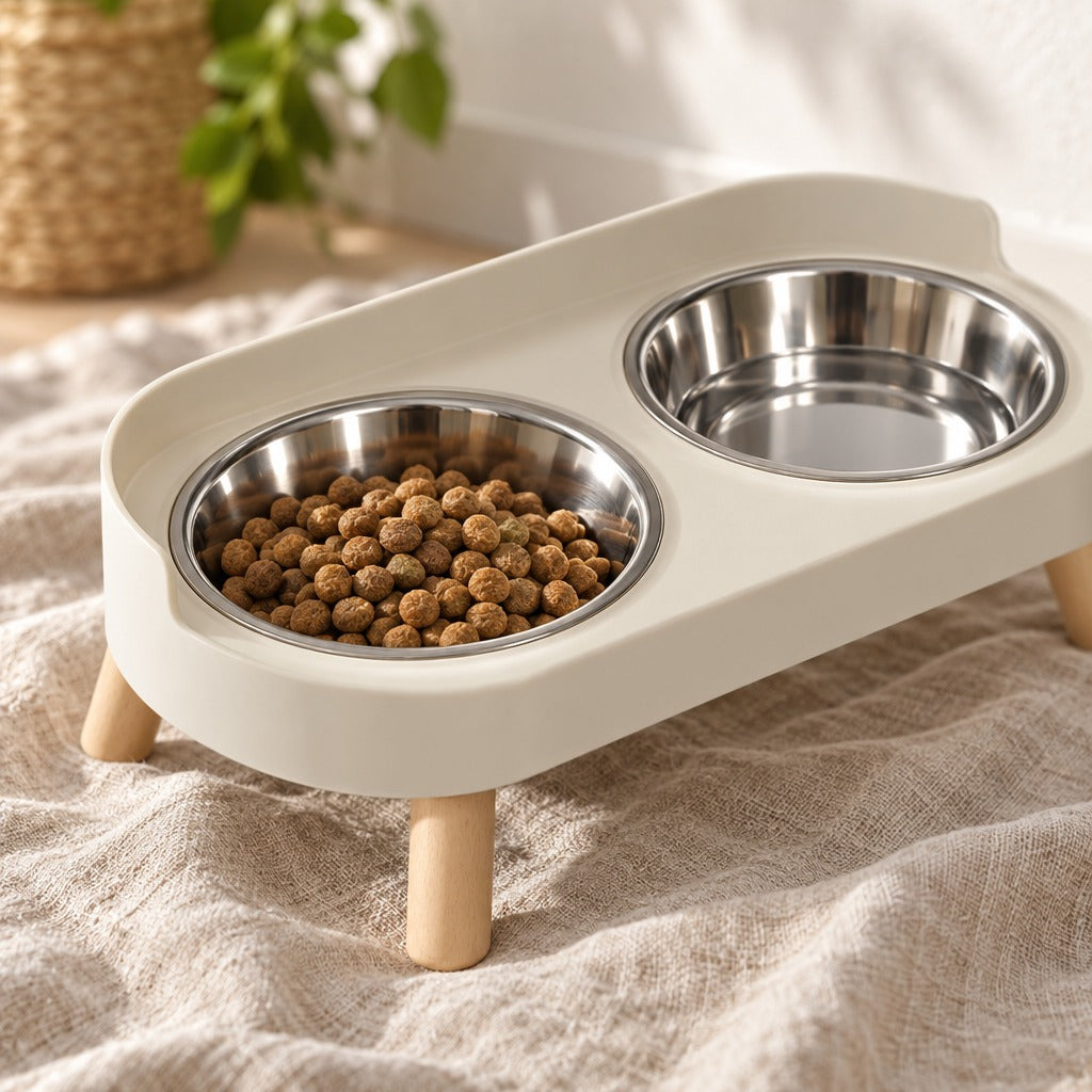 Gros plan sur le plateau crème et les coupelles en inox de la gamelle double surélevée pour chat, posée sur un lin froissé.