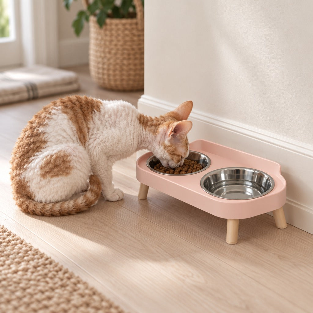 Chat roux et blanc assis qui mange dans la gamelle double surélevée rose poudré posée le long d'une plinthe.