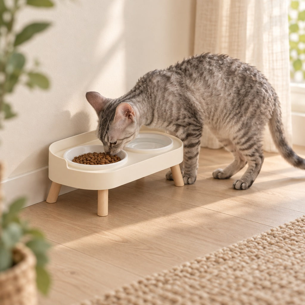 Chat silver tabby qui mange dans la gamelle double surélevée crème à coupelles blanches posée contre un mur clair.