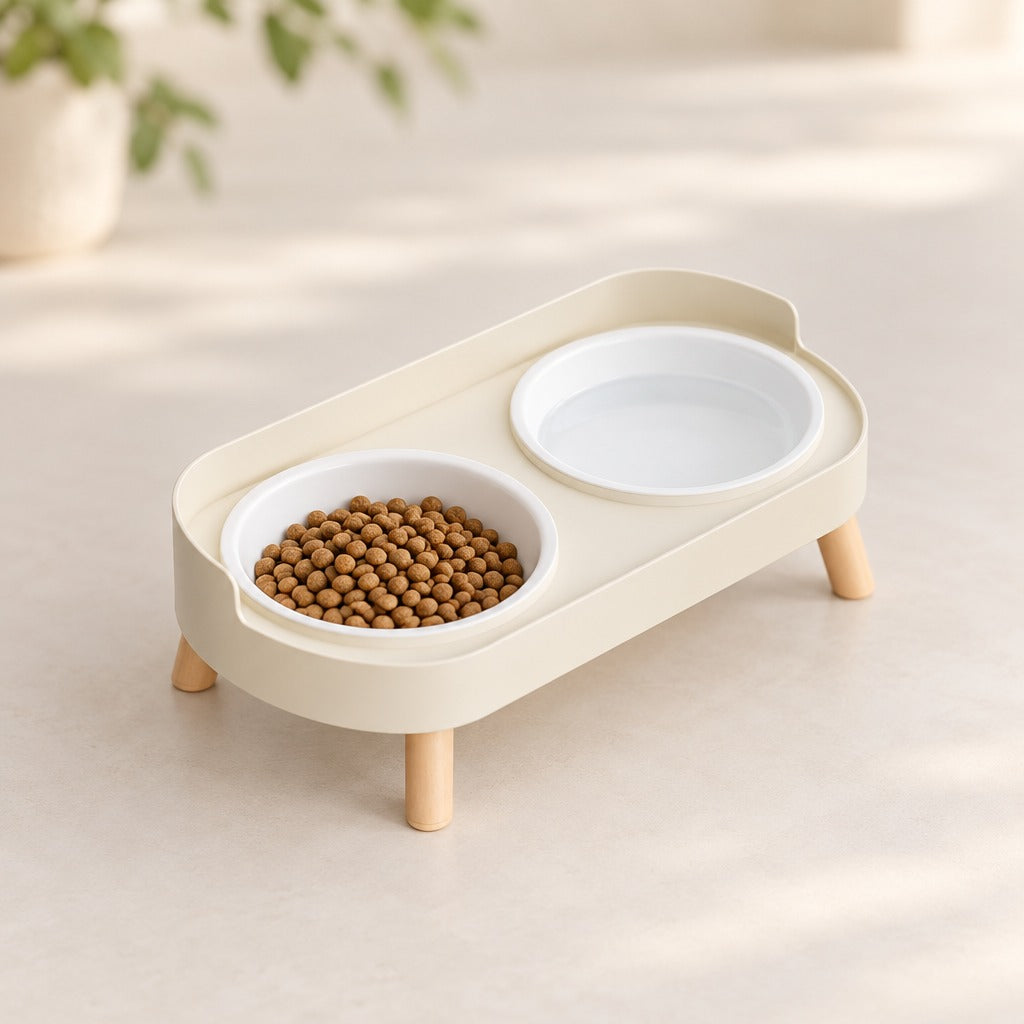Gamelle double surélevée crème à coupelles blanches pour chat présentée seule sur un fond clair.