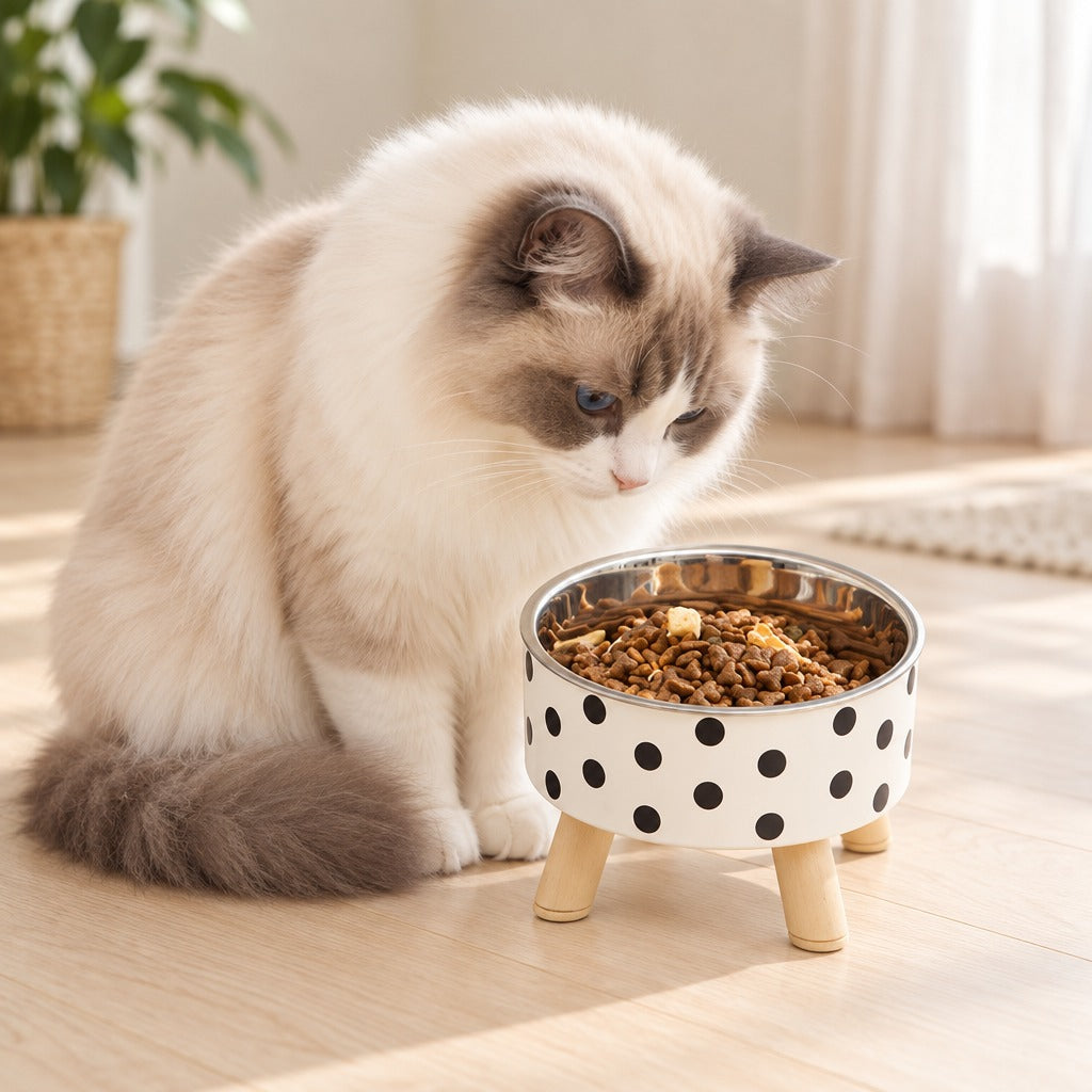 Chat Ragdoll assis à côté de la gamelle surélevée coloris Pois noirs remplie de croquettes dans un salon clair.