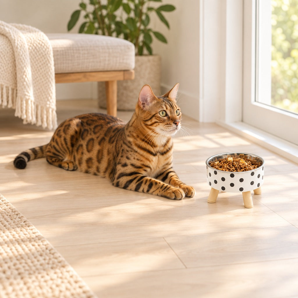 Chat Bengal allongé en sphinx près de la gamelle surélevée coloris Pois noirs posée devant une fenêtre.