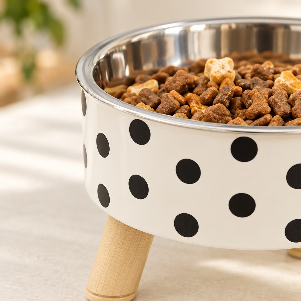Gros plan du bol en acier et de la coque à pois noirs de la gamelle surélevée pour chat.