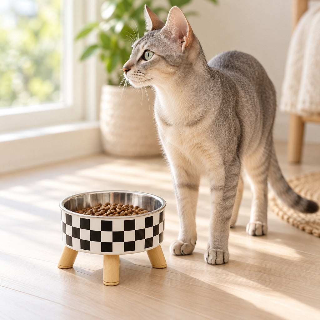 Chat Abyssin debout près de la gamelle surélevée coloris Damier noir et blanc remplie de croquettes.