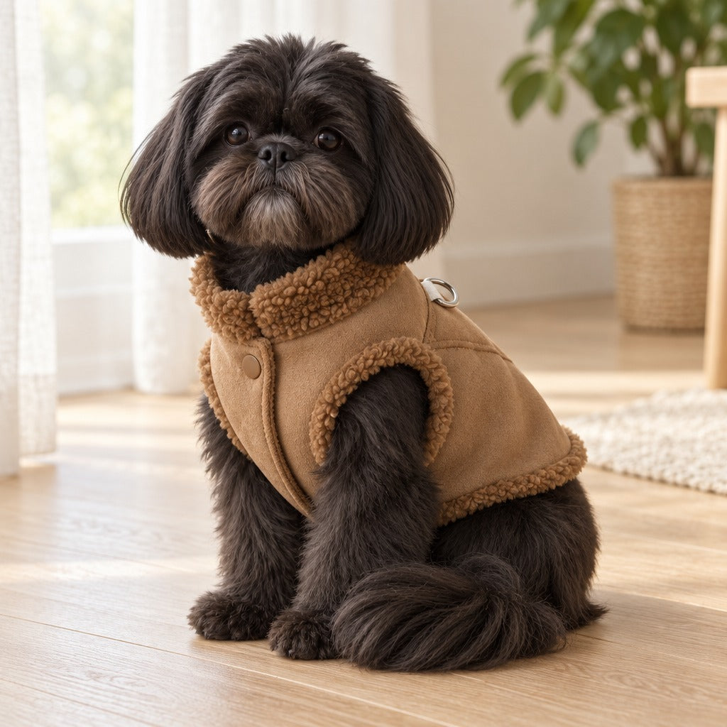 Shih Tzu noir assis bien droit sur un parquet clair, vêtu du gilet coloris camel, col en bouclette et anneau dorsal visibles.