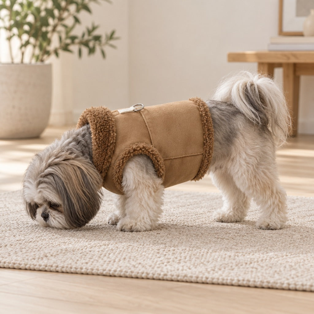 Shih Tzu gris de profil en train de renifler un tapis clair, portant le gilet coloris camel dont l'ourlet bordé s'arrête à la taille.
