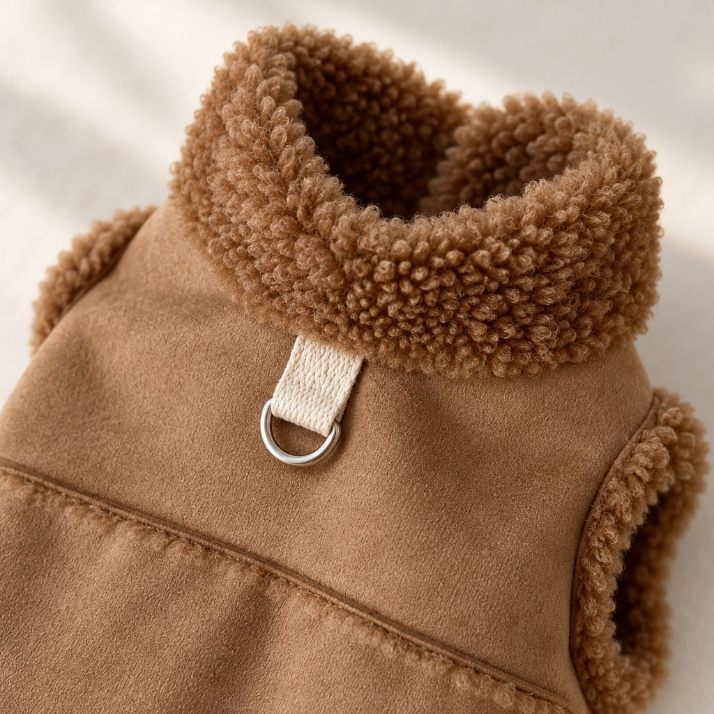 Gros plan sur le col en bouclette et la patte à anneau du gilet coloris camel posé seul sur un fond neutre clair, sans animal.