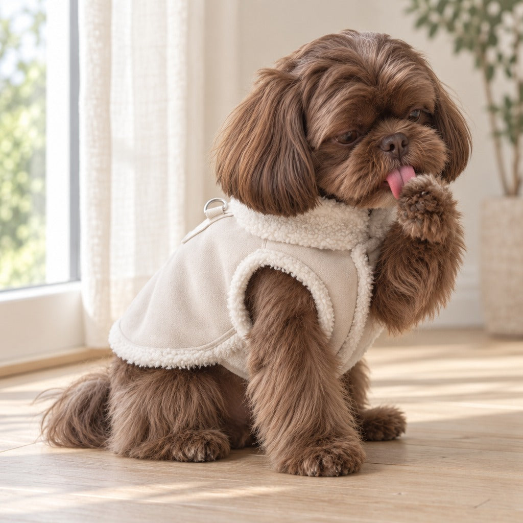 Shih Tzu chocolat assis en train de lécher une patte avant, vêtu du gilet coloris écru près d'une fenêtre lumineuse.