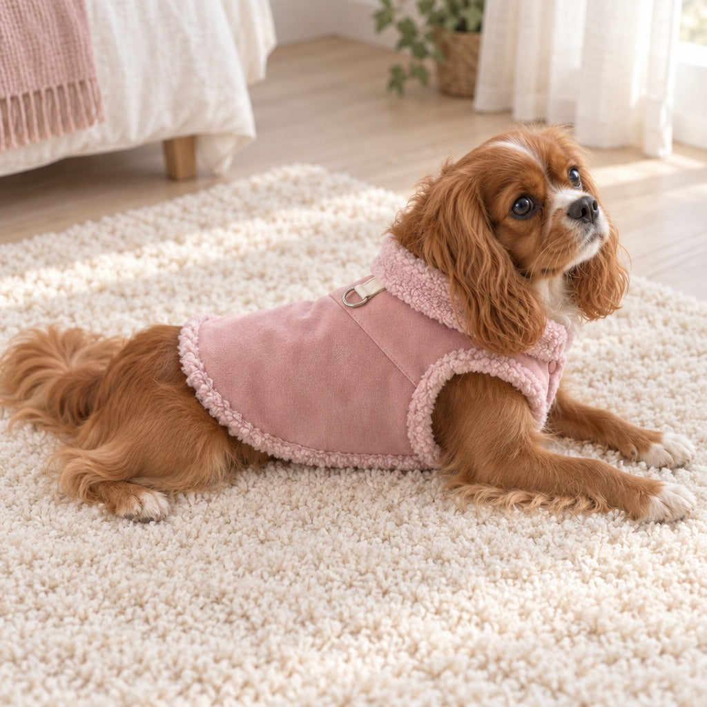 Cavalier King Charles fauve allongé sur un tapis crème, vêtu du gilet coloris rose poudré, anneau dorsal bien visible.