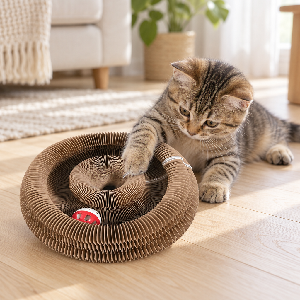 Chaton tigré qui pousse la balle à grelot dans le Griffoir Accordéon Oscar, posé sur un parquet clair