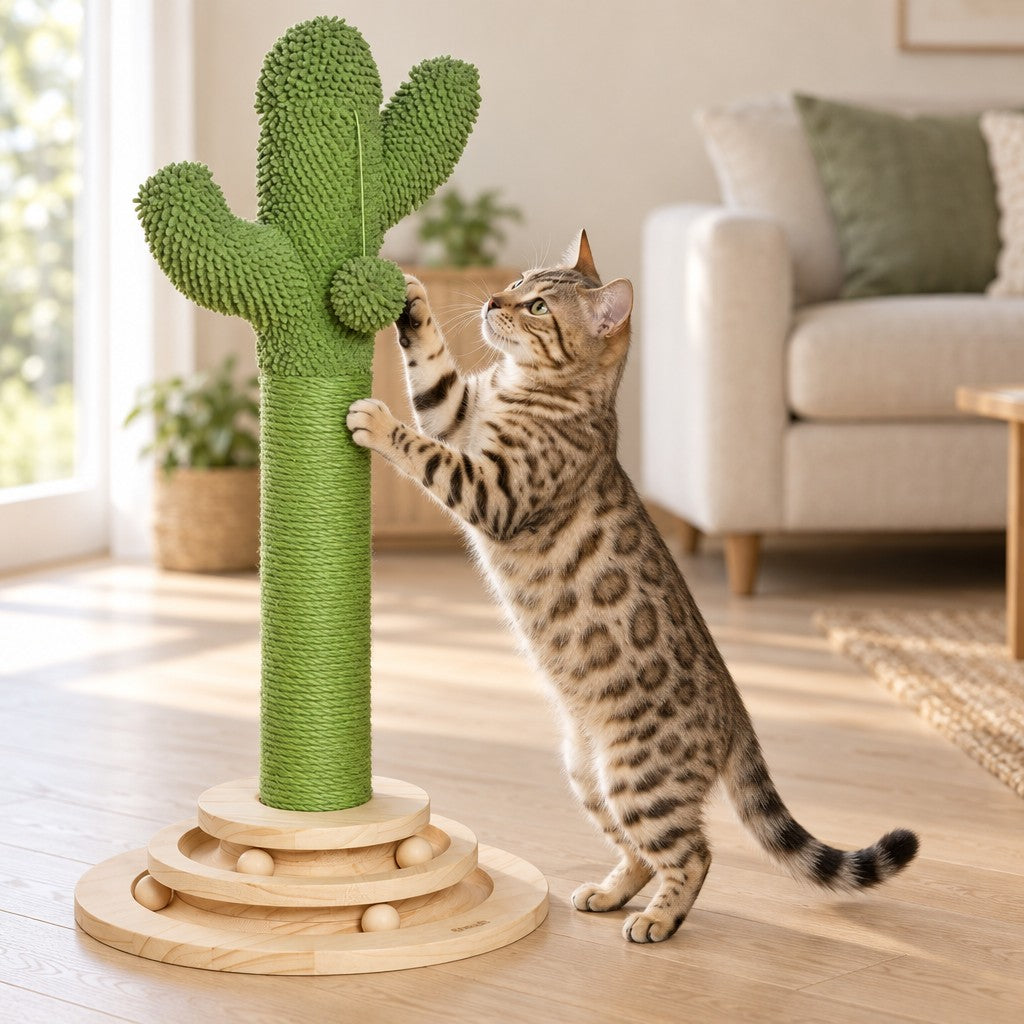 Un chat beige à taches sombres dressé sur ses pattes arrière s'agrippe au tronc du griffoir cactus, dans un salon clair.