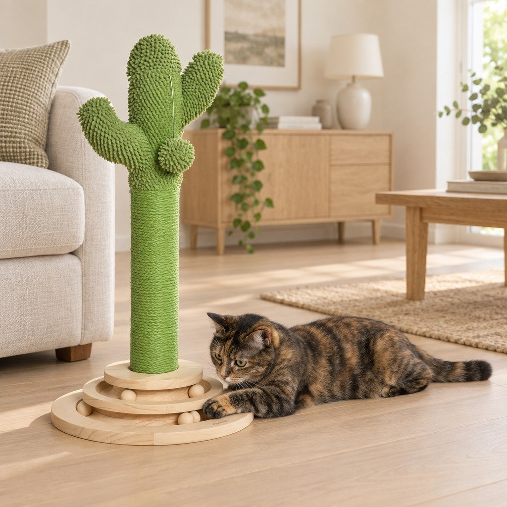 Un chat écaille de tortue couché sur le parquet glisse une patte entre les rainures du socle du griffoir cactus, au pied d'un canapé en lin.
