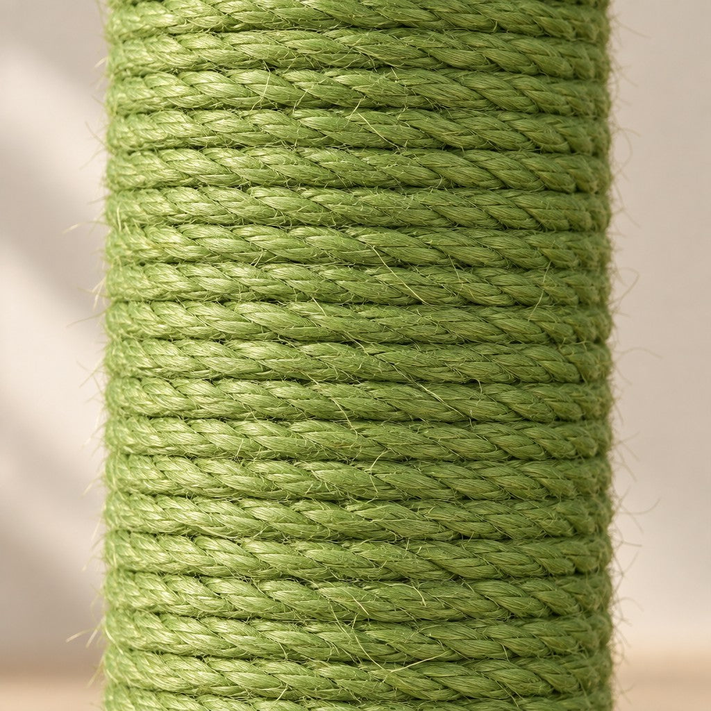 Gros plan sur la corde vert clair enroulée en spires serrées autour du tronc du griffoir, chaque torsade et chaque fibre visible.