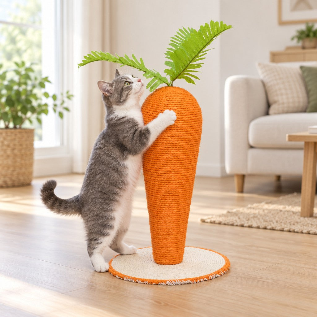 Un chat gris et blanc dressé contre le griffoir carotte en sisal orange, dans un salon clair