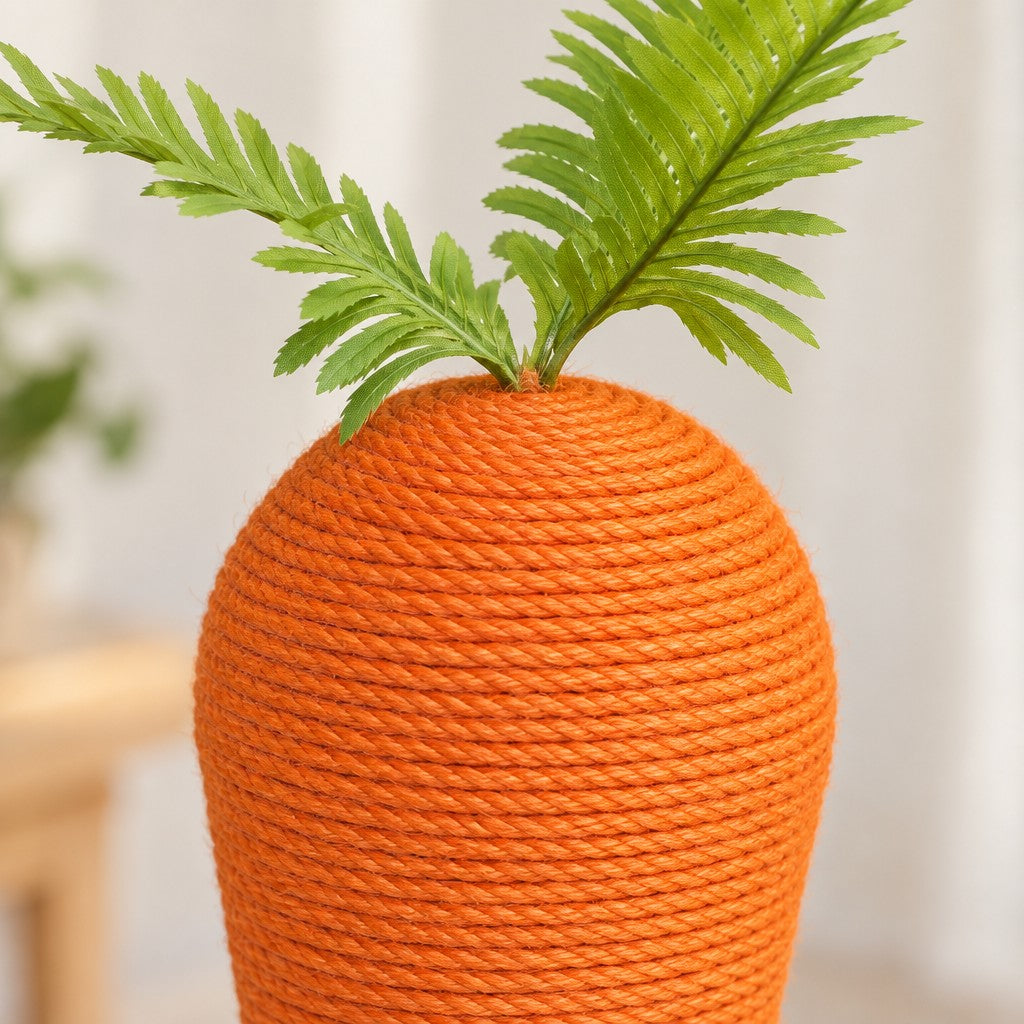 Gros plan sur le sommet arrondi de la carotte, spires de sisal orange et naissance du feuillage