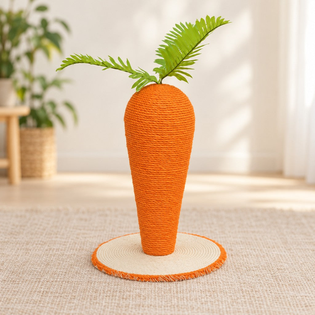 Le griffoir carotte vu de face, sur son socle rond en sisal crème cerclé d'orange