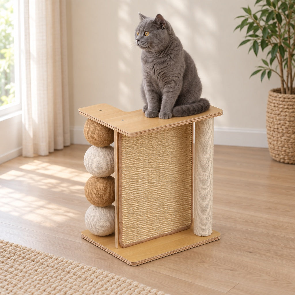 Le griffoir en bois naturel posé seul contre un mur clair, un chat gris assis sur son plateau en L, dans un salon lumineux.