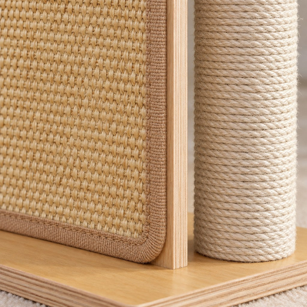 Gros plan sur la natte tressée beige bordée d'un biais cousu, sur le chant multiplis du montant et sur le cordage enroulé du poteau.