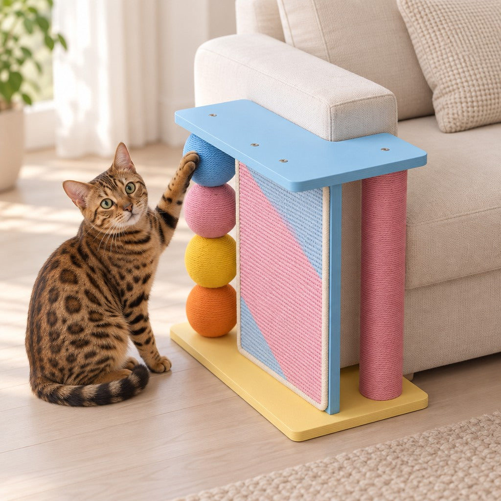 Un chat fauve à taches sombres, assis près du canapé, pose une patte sur la boule bleue du griffoir aux teintes pastel.
