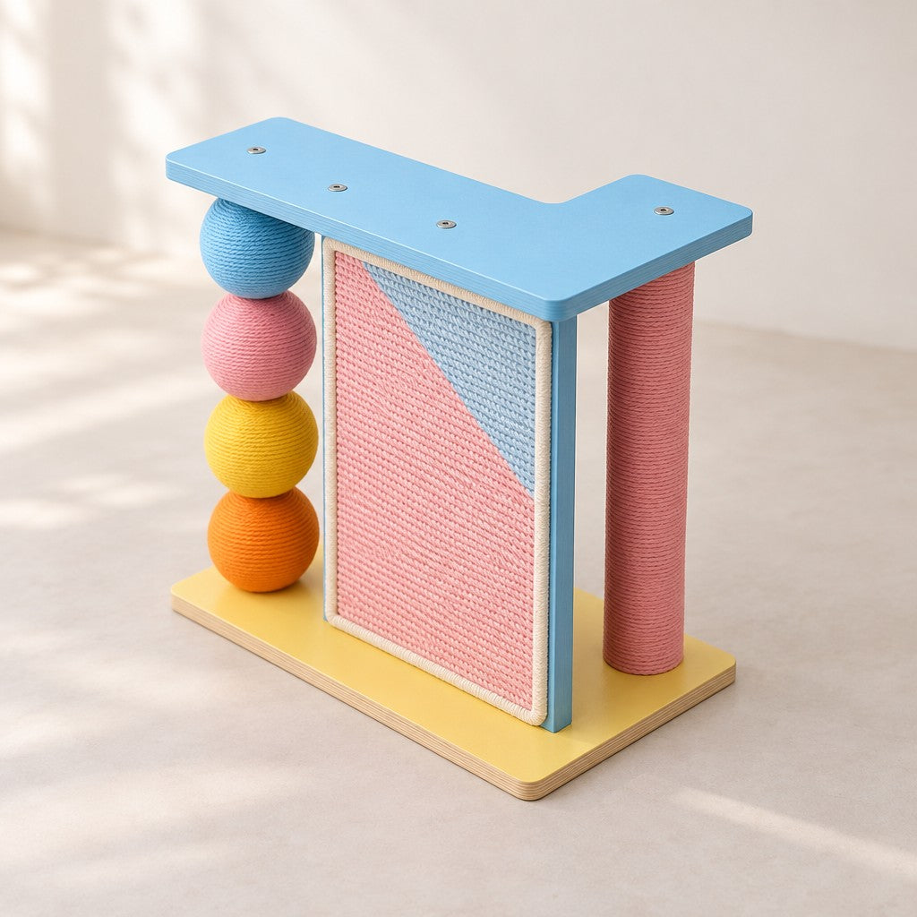Le griffoir en version pastel vu de trois quarts : plateau bleu, socle jaune, panneau rose et bleu, quatre boules colorées et poteau rose.
