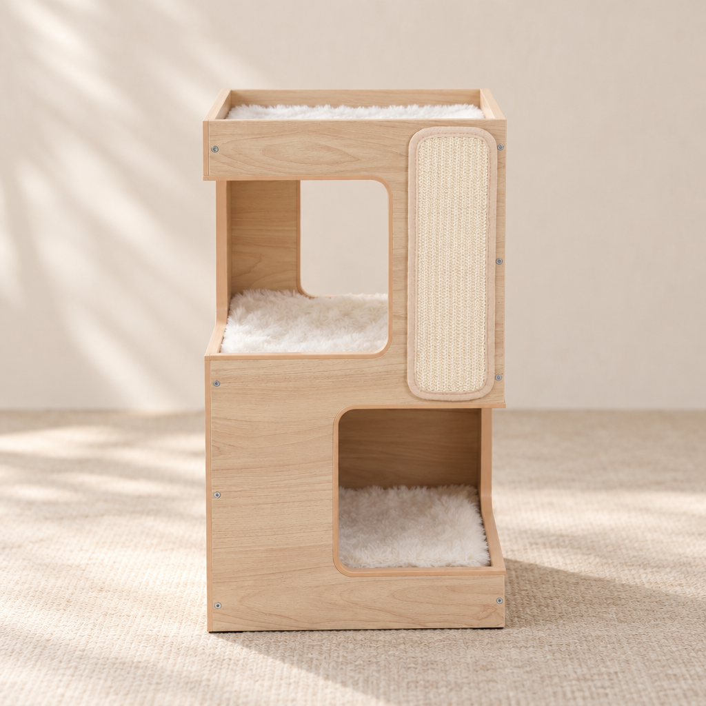 La maisonnette en bois clair seule, ses deux niches garnies de fausse fourrure