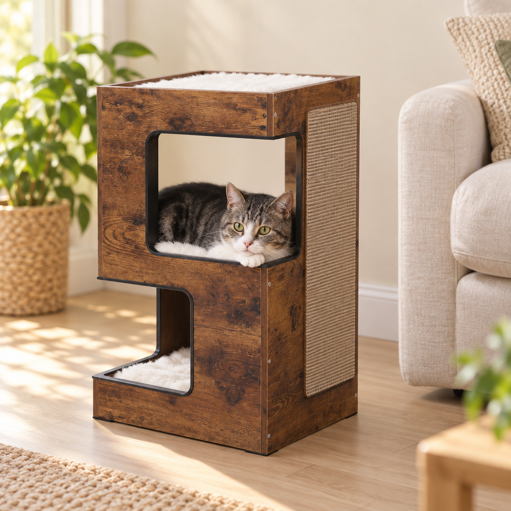 Chat tigré couché dans la niche haute de la maisonnette noyer, dans un salon clair