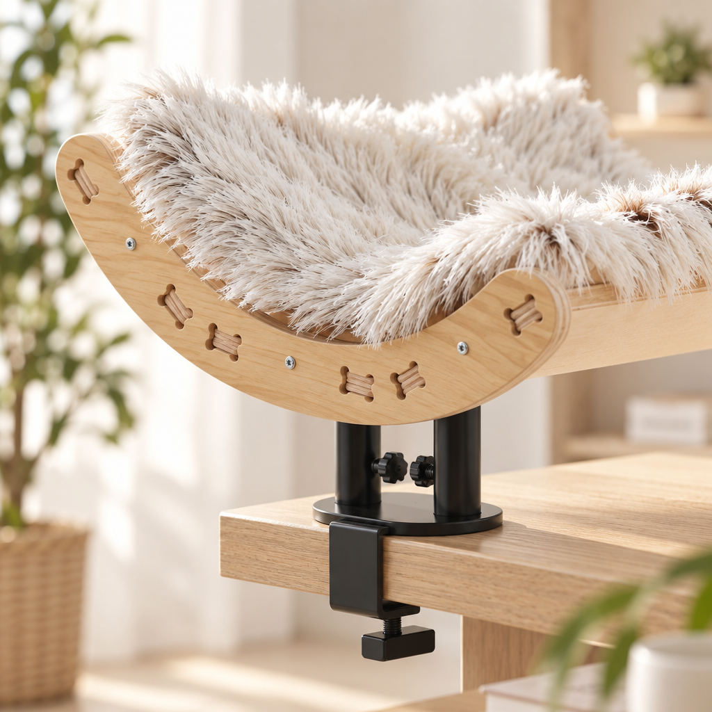 Berceau en bois naturel du Hamac de Bureau Léon, fentes en forme d'os et coussin en peluche à poils longs