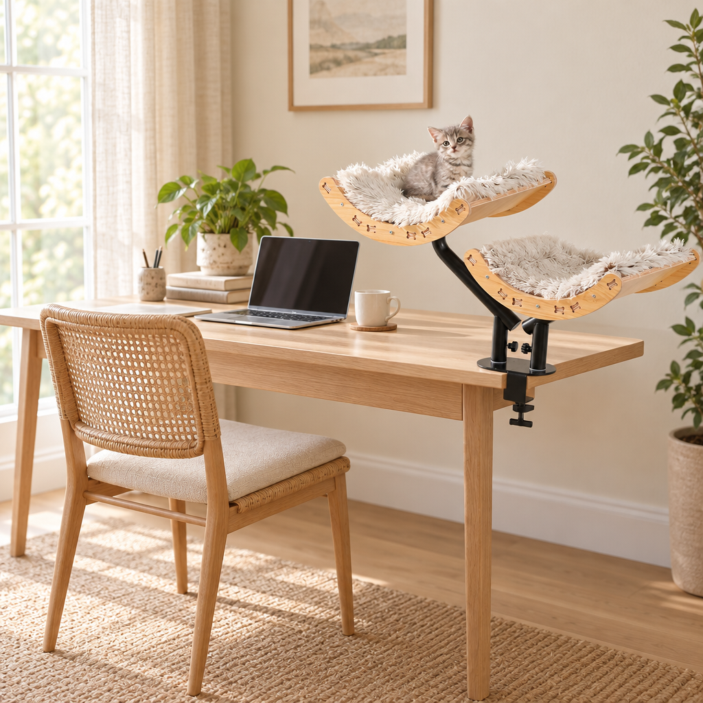 Bureau clair avec chaise cannée et Hamac de Bureau Léon double en bois naturel fixé au plateau, un chaton dans le berceau du haut