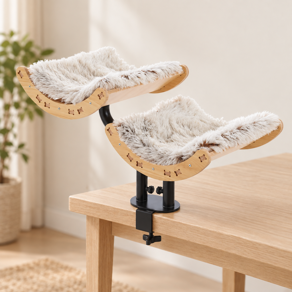 Hamac de Bureau Léon double en bois naturel fixé au bord d'un bureau en chêne clair