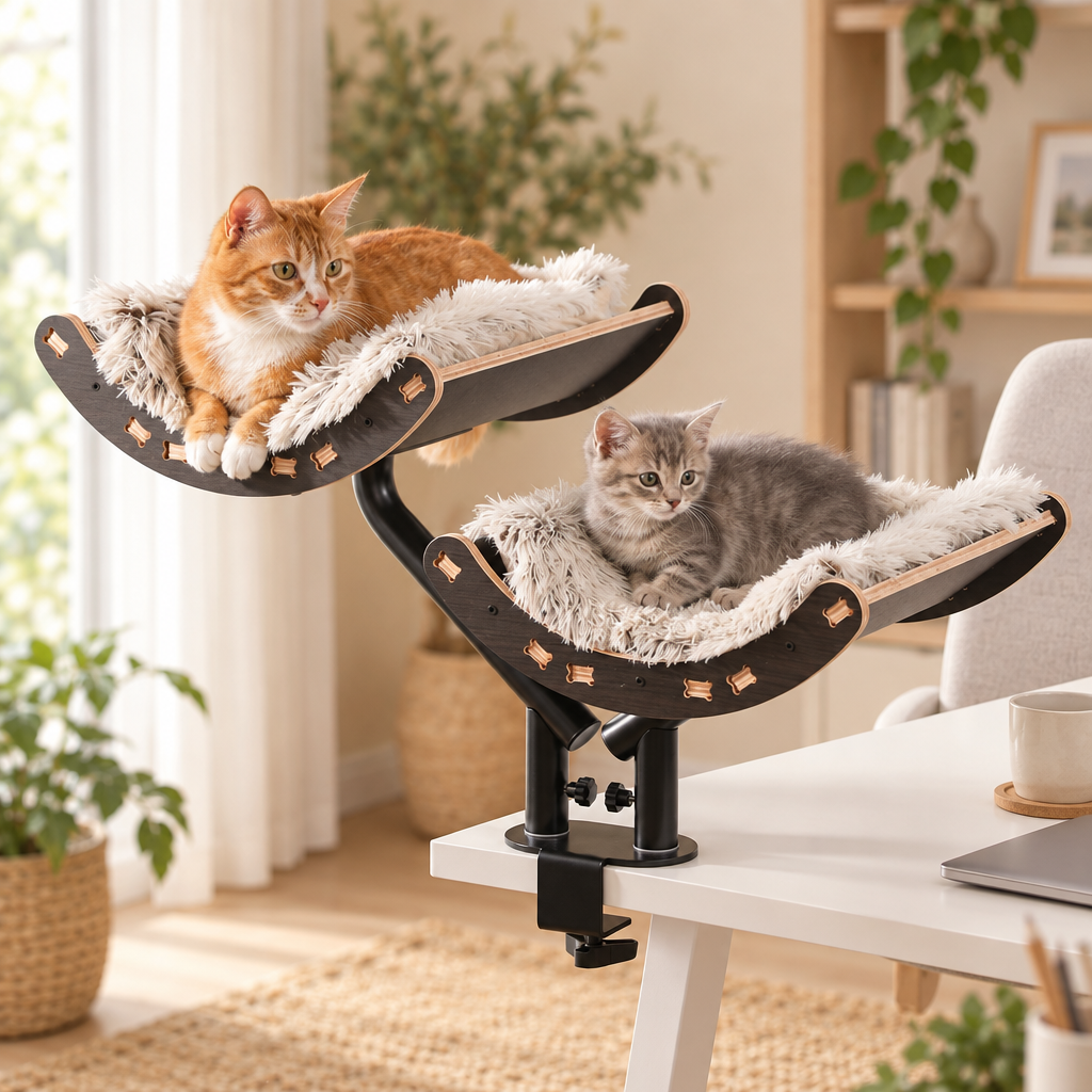 Un chat roux et un chaton gris dans le Hamac de Bureau Léon double en bois noir, fixé à un bureau blanc