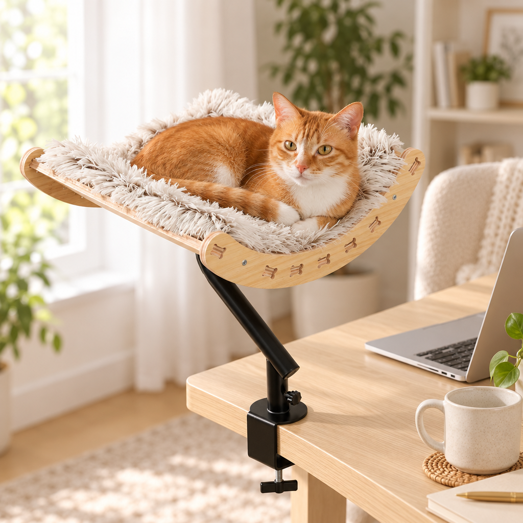 Chat roux couché dans le Hamac de Bureau Léon simple en bois naturel, à côté d'un ordinateur portable